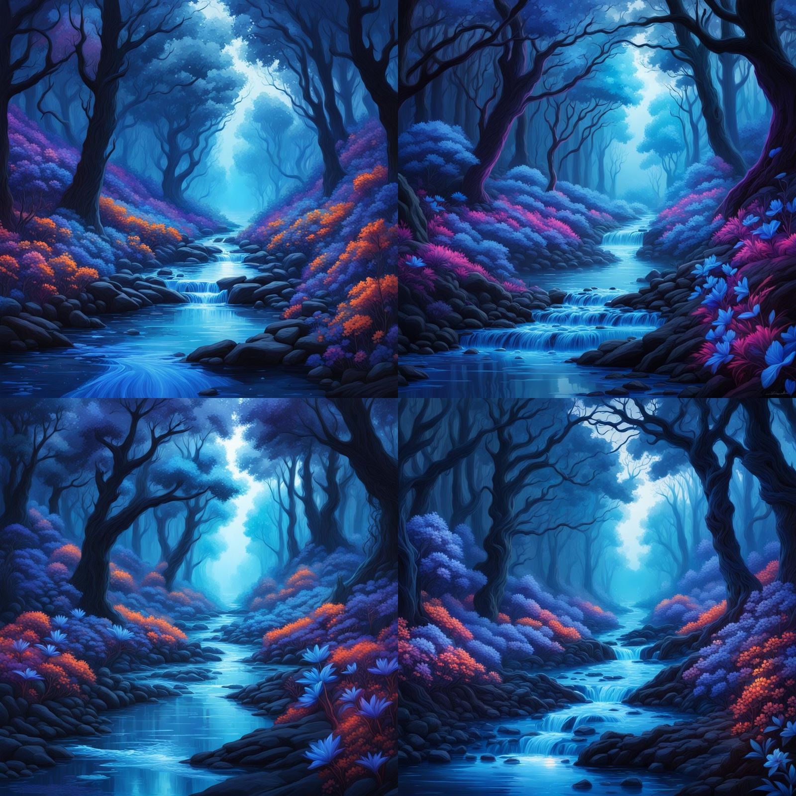 Blacklight neon Fantasy intensely blue forest, blue trees, b...