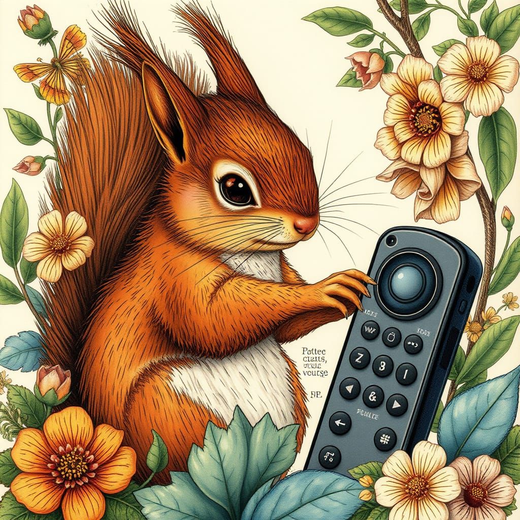 Squirrel Reaching for Remote in Botanical Illustration