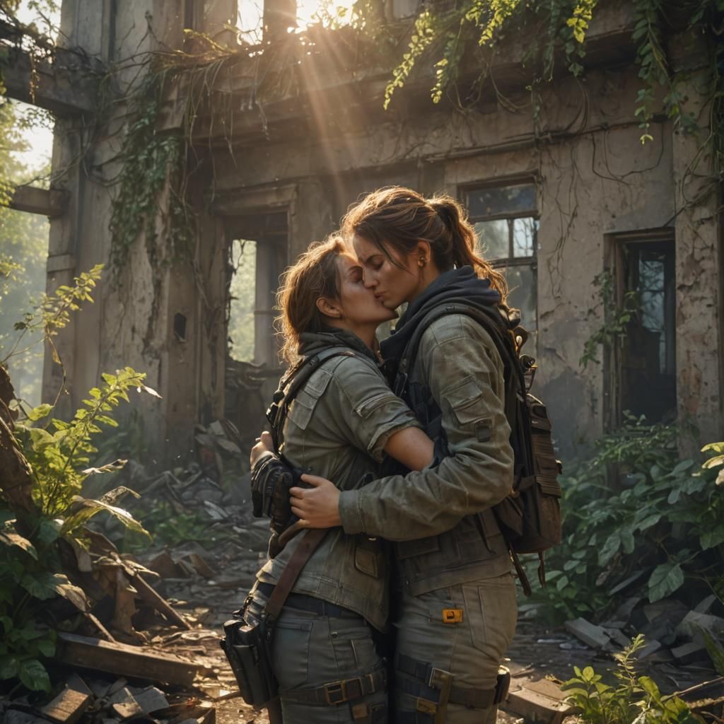 Post-Apocalyptic Kiss in Golden Sunlight: 3D Render