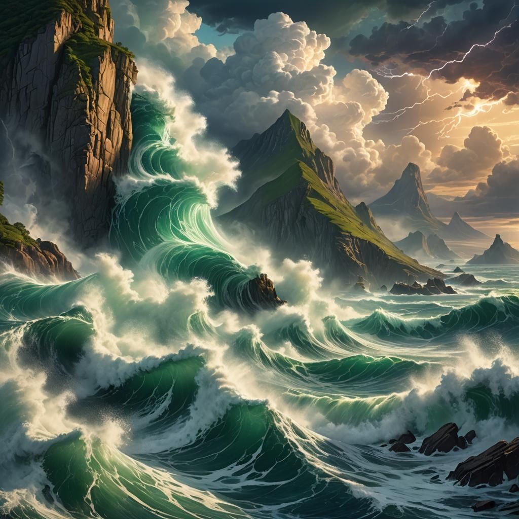 Colossal Wave Crashes in Fantasy Landscape
