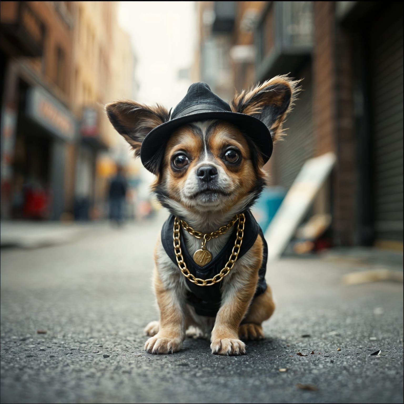 Regal Canine Gangster in Gritty Urban Streetscape