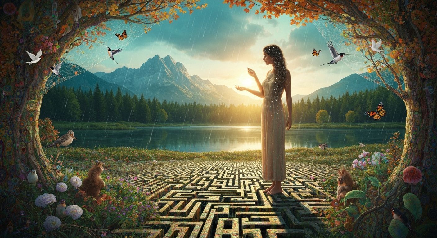 Mystical Autumn Labyrinth of Light at Sunset