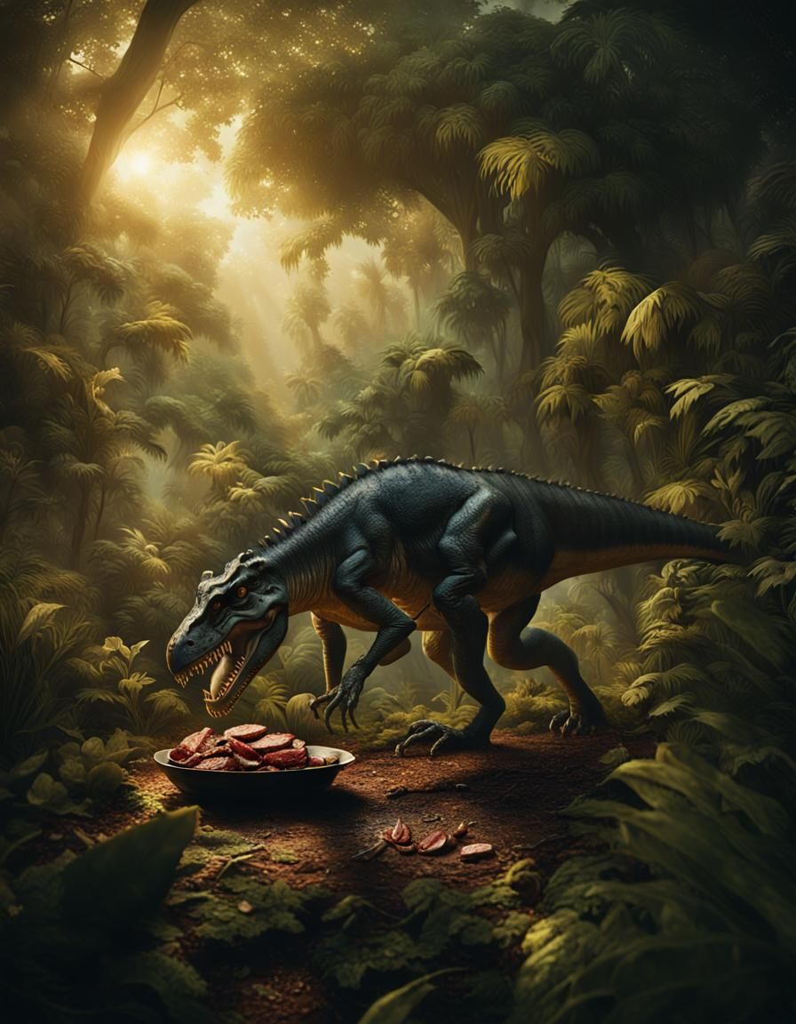 Dramatic Allosaurus in Golden Hour Jungle Feast