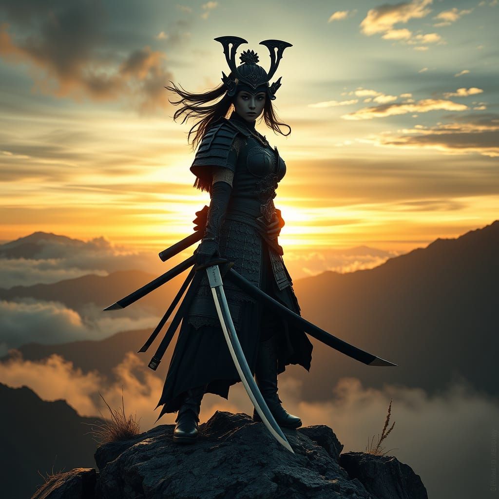 Female Samurai Warrior in Gothic Armor at Sunset