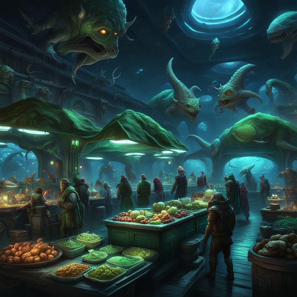 Triton Market with Alien Creatures, Dark Fantasy