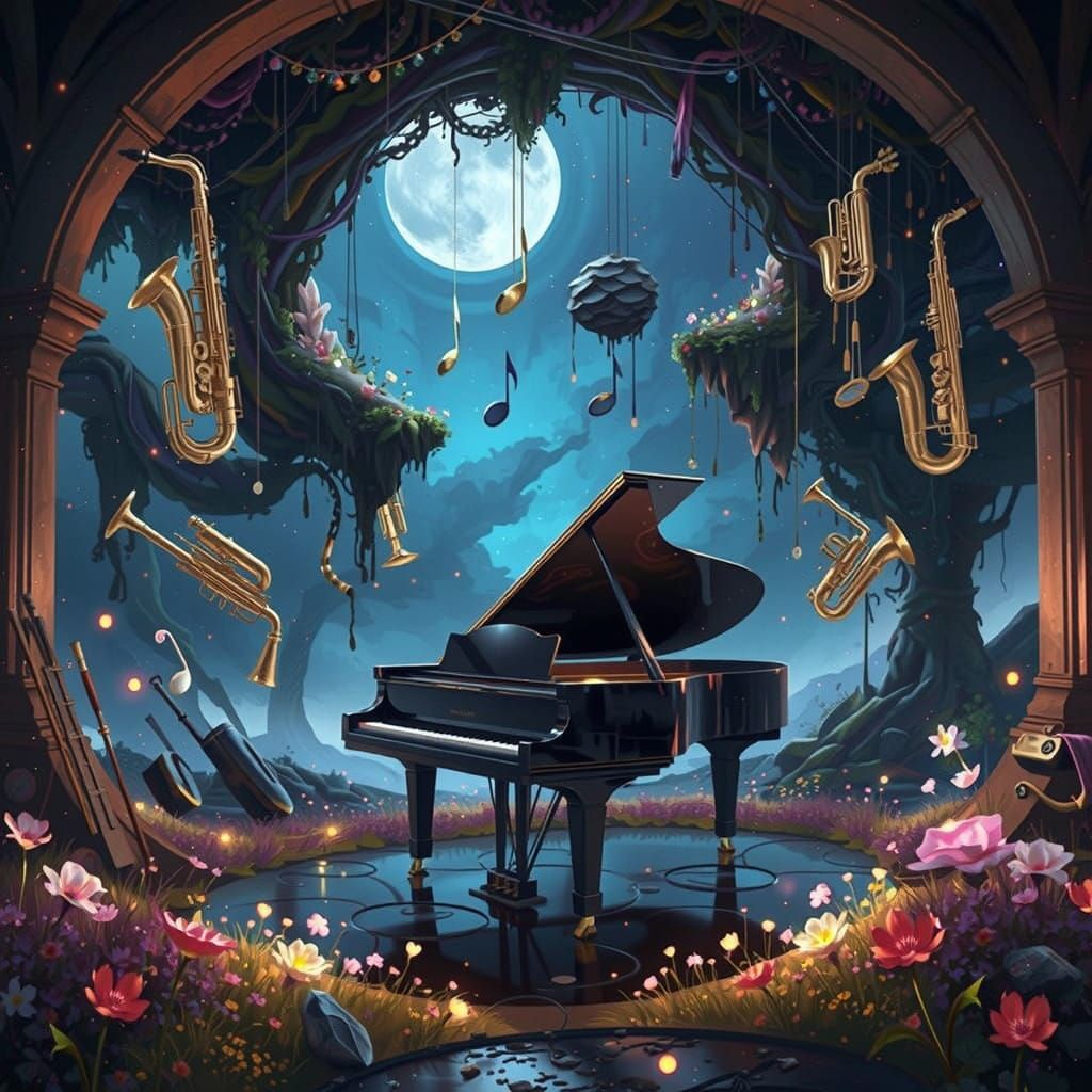 Celestial Instruments in a Whimsical Night Sky