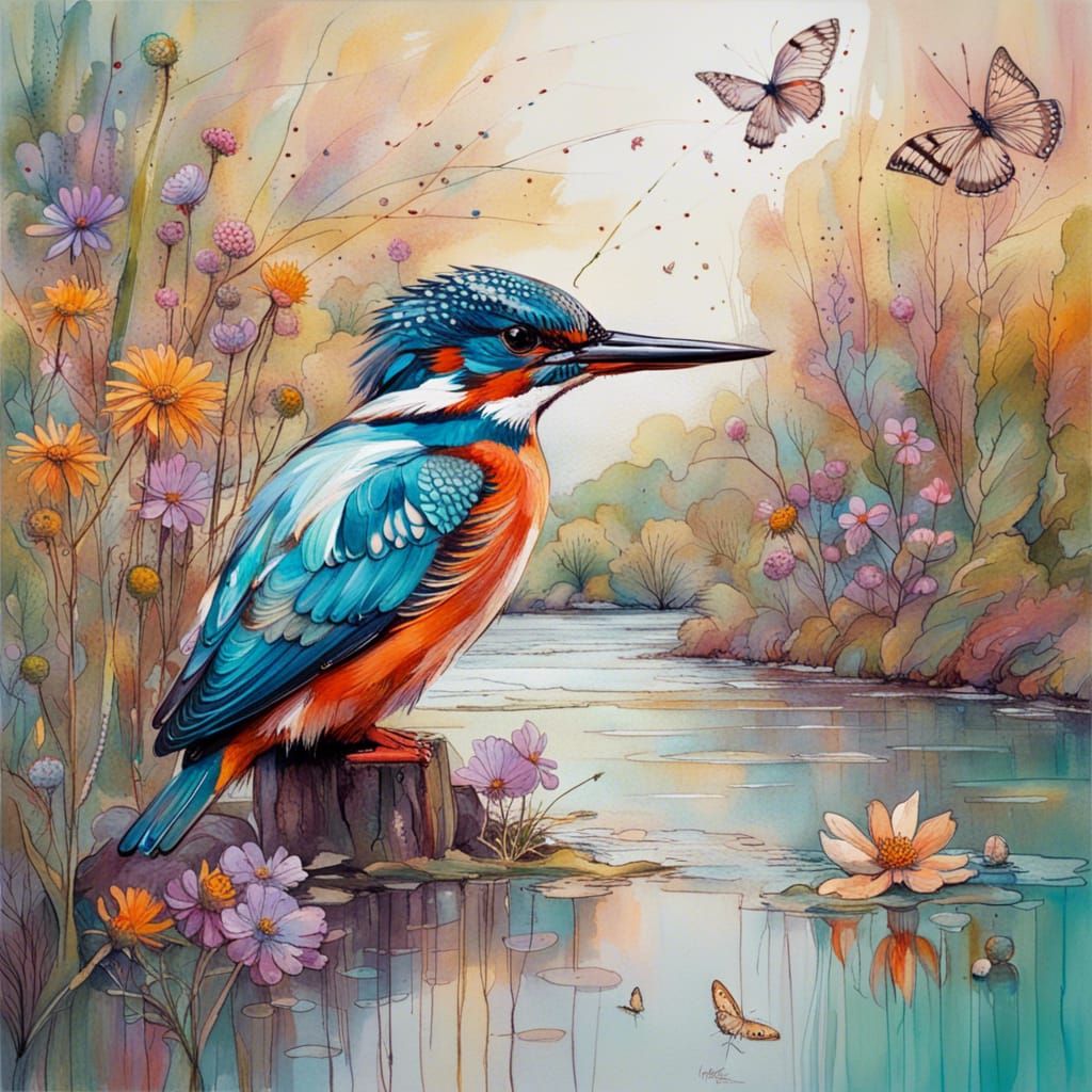 Kingfisher with Wildflowers and Butterflies