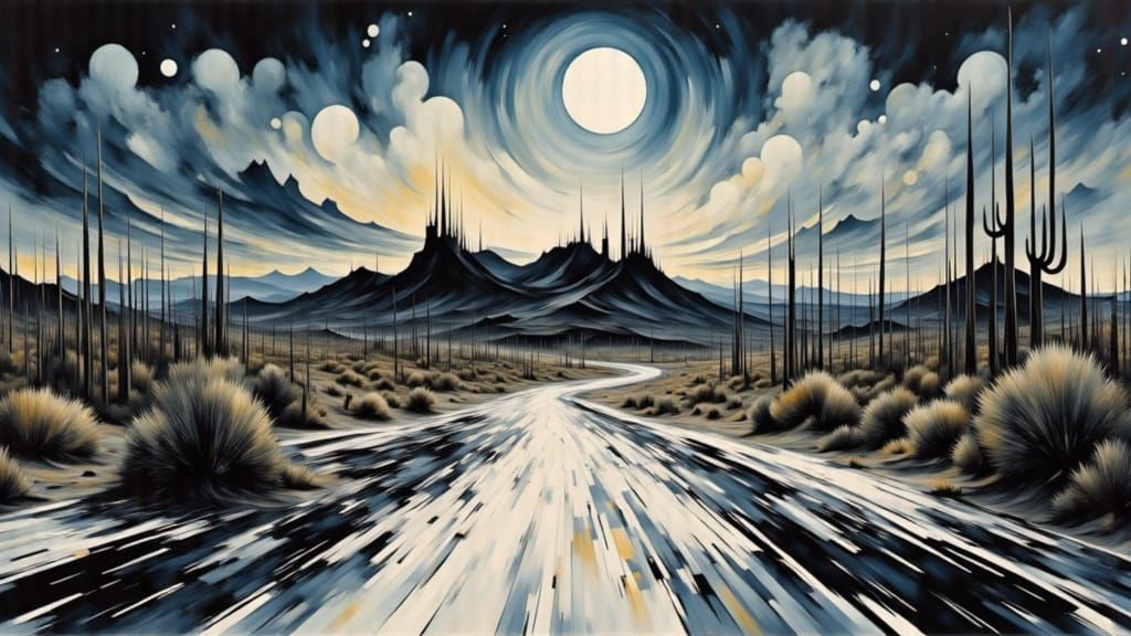 Surreal Abstract Inked Painting of Arizona Desert at Night