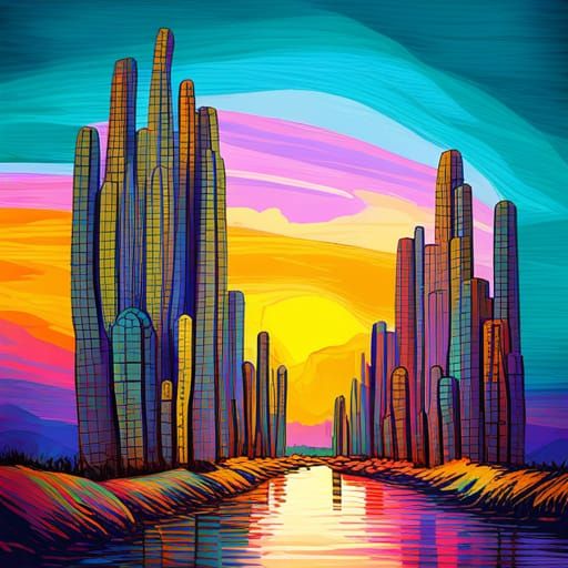 Mesa Riverview Arizona Saguaros in Pop Art Style
