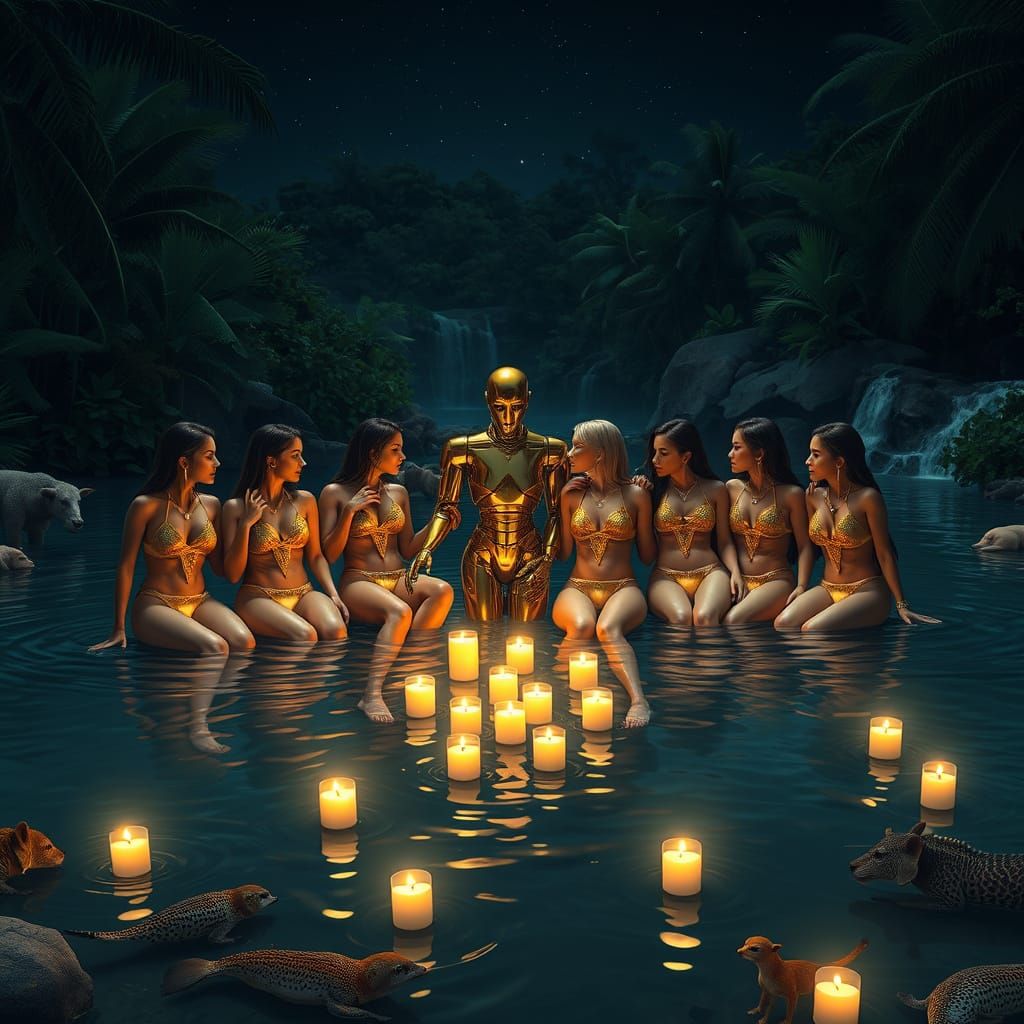 Golden Goddesses Bask in Starry Night with Floating Candles