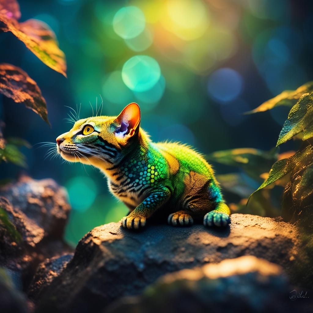 Surrealistic Hybrid Feline Reptile Seated on a Rock