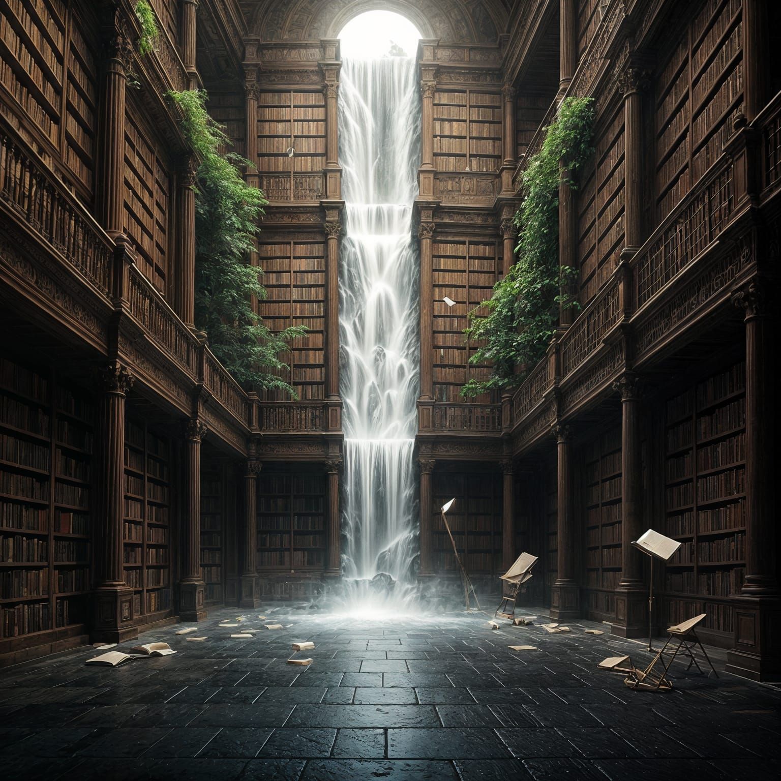 Waterfall in Ancient Library with Fluttering Pages