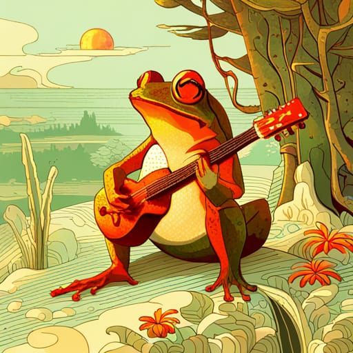 Frog Guitarist in Retro Pixel Art Style