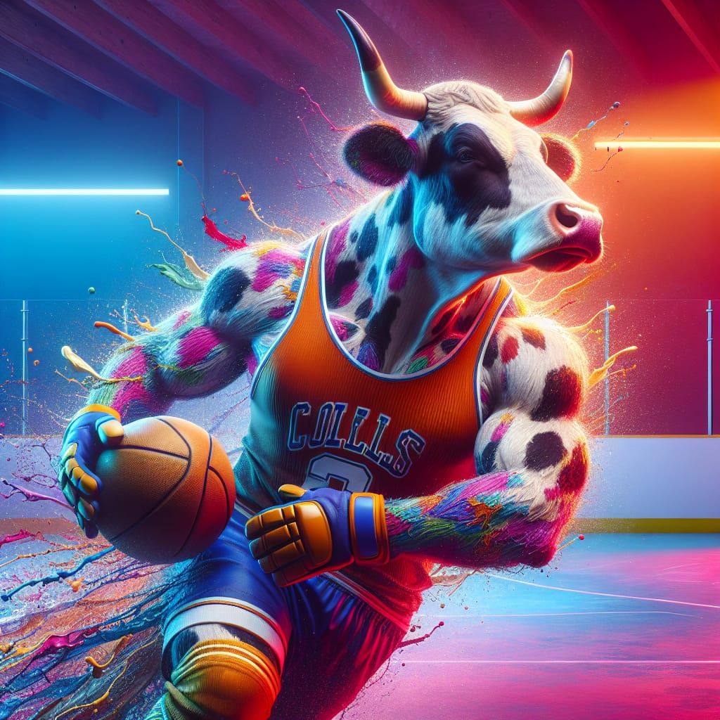 Athlete Anthropomorphic Cow on Rink in Splash Art