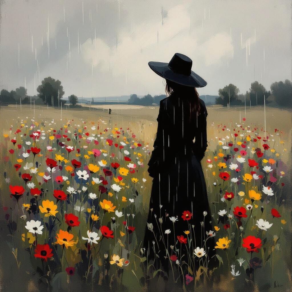 Woman in Rainy Flower Field, Impressionistic Oil Painting
