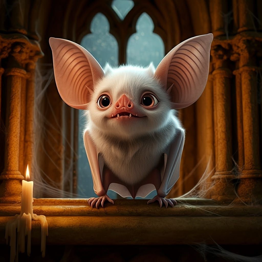 Hyperrealistic Portrait of a White Bat in Gothic Windowsill ...