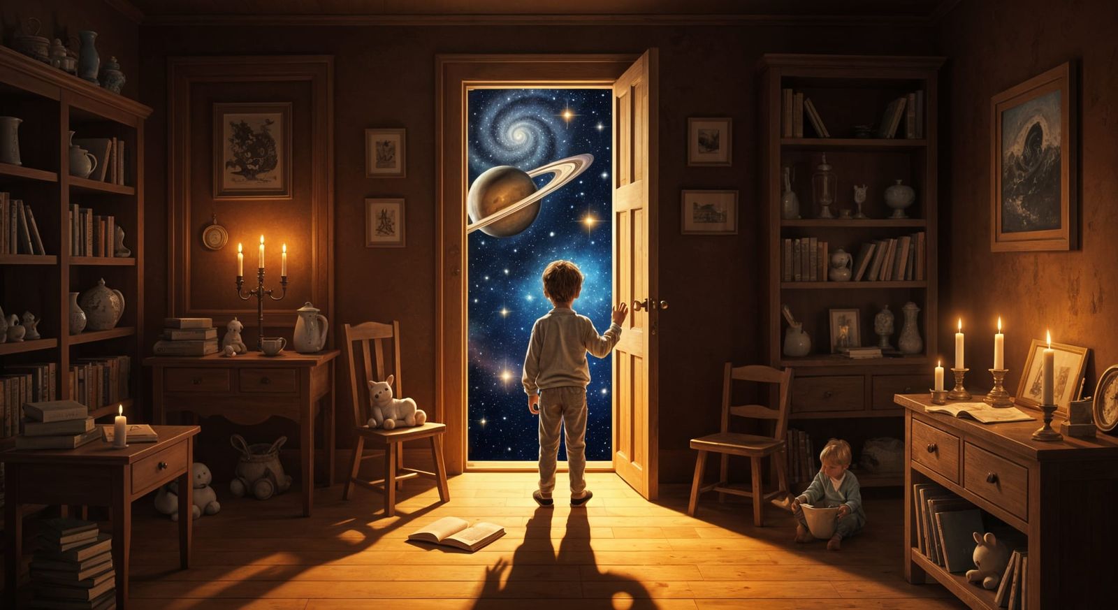 Boy Gazes at Universe from 19th Century Room