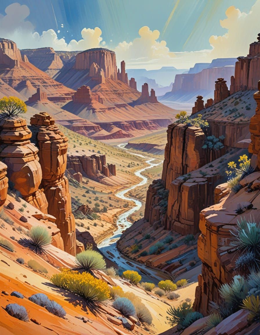 Rugged desert canyon landscape, ethereal, mystic, gouache pa...
