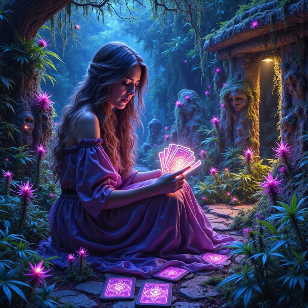 Mystical Fortune Teller in a Bioluminescent Garden