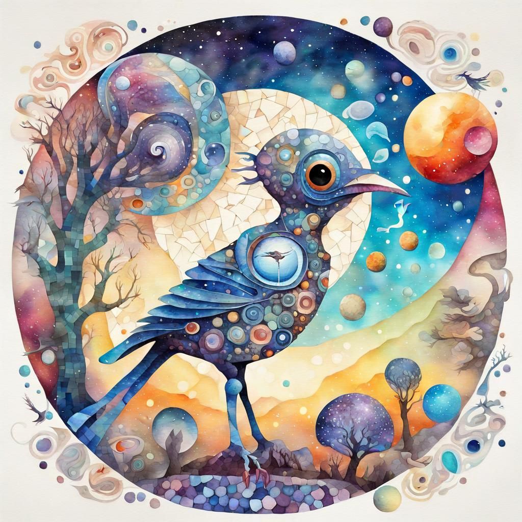 Surreal Mosaic Alien Bird in Dreamlike Scene