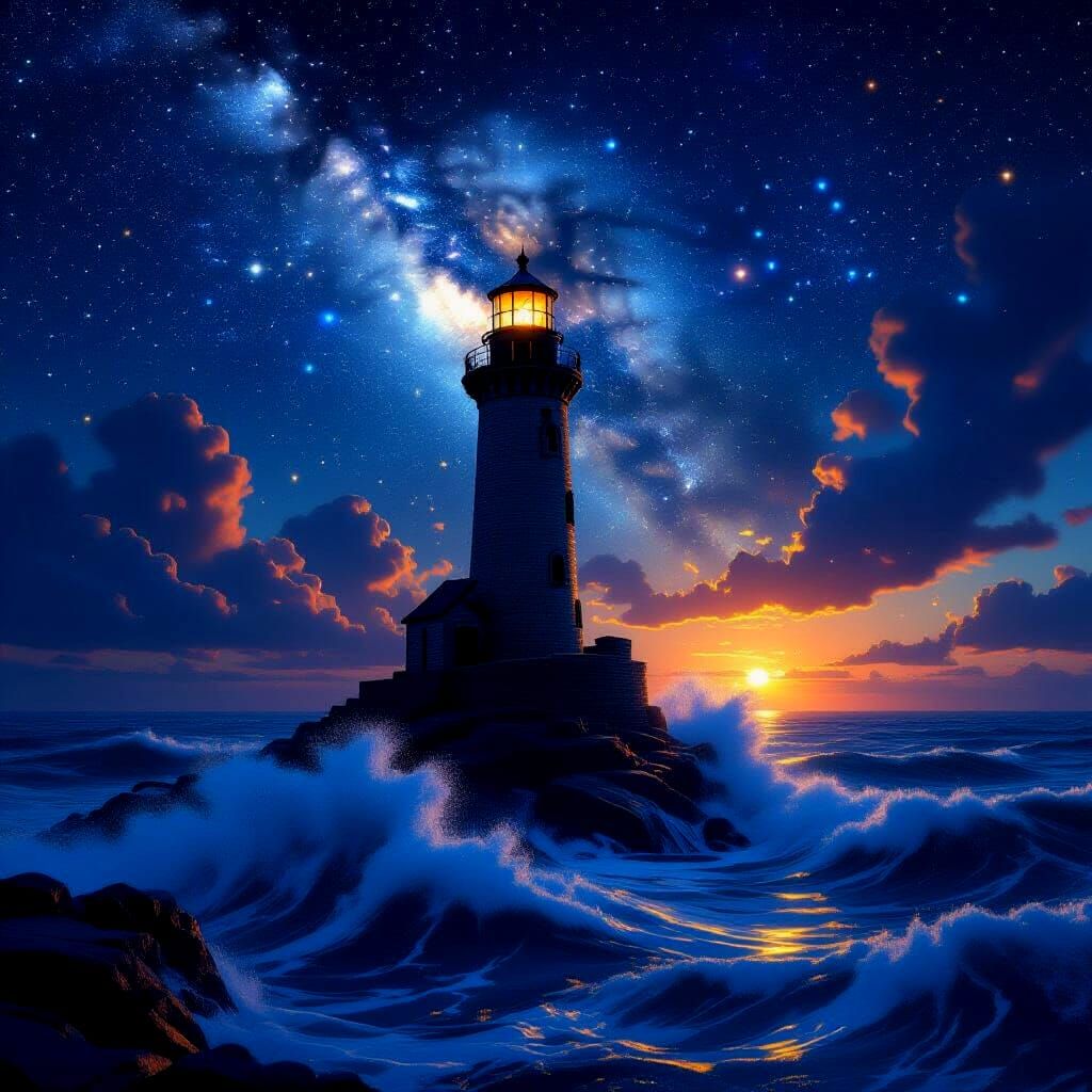 Lighthouse Shines Under a Starry Galaxy