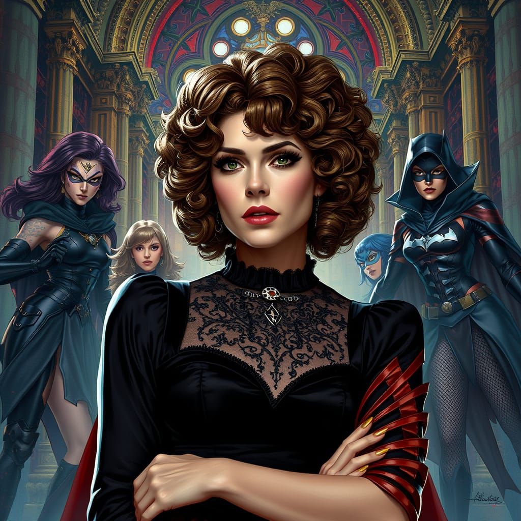 Gothic Bernadette Peters with Superheroes in Castle