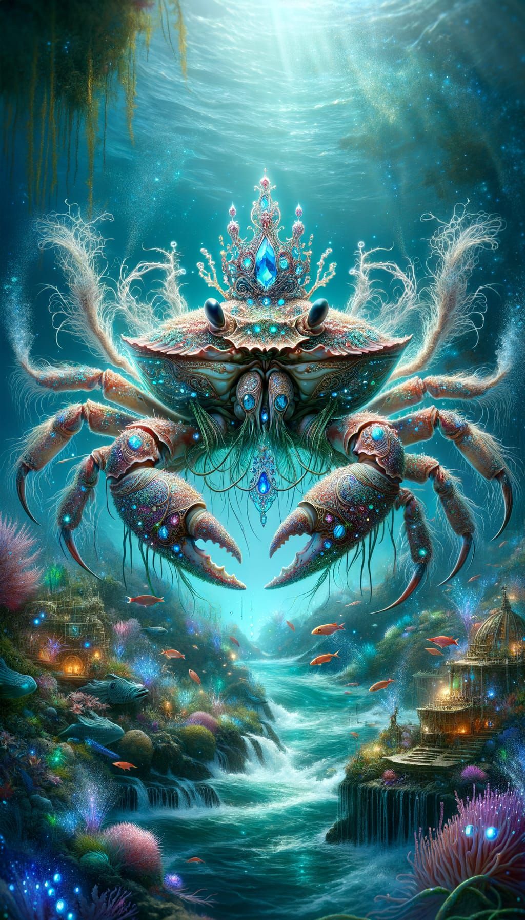 Majestic Bioluminescent Crab Monarch Underwater Scene
