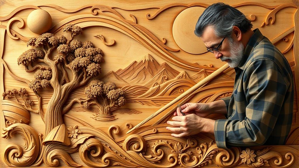 Ornate Wooden Landscape Relief in Art Nouveau Style