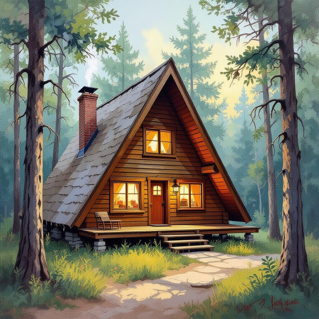 A-Frame Cabin in the Woods: Gouache Style Impressionism