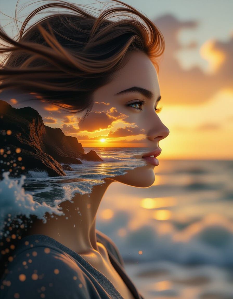 Sunset Seascape Profile Portrait in Dramatic Lighting