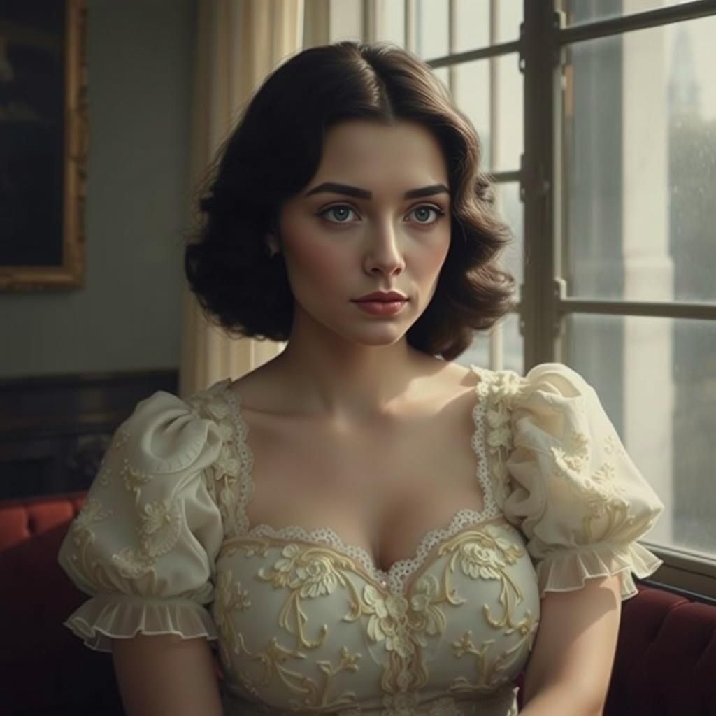 Dreamy Woman in Vintage Gown, Film Noir Portrait