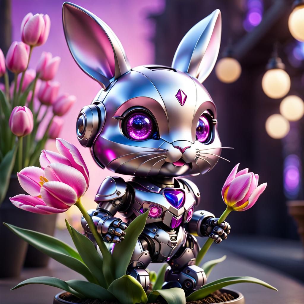 Adorable Chibi Robot Bunny with Tulip Flower