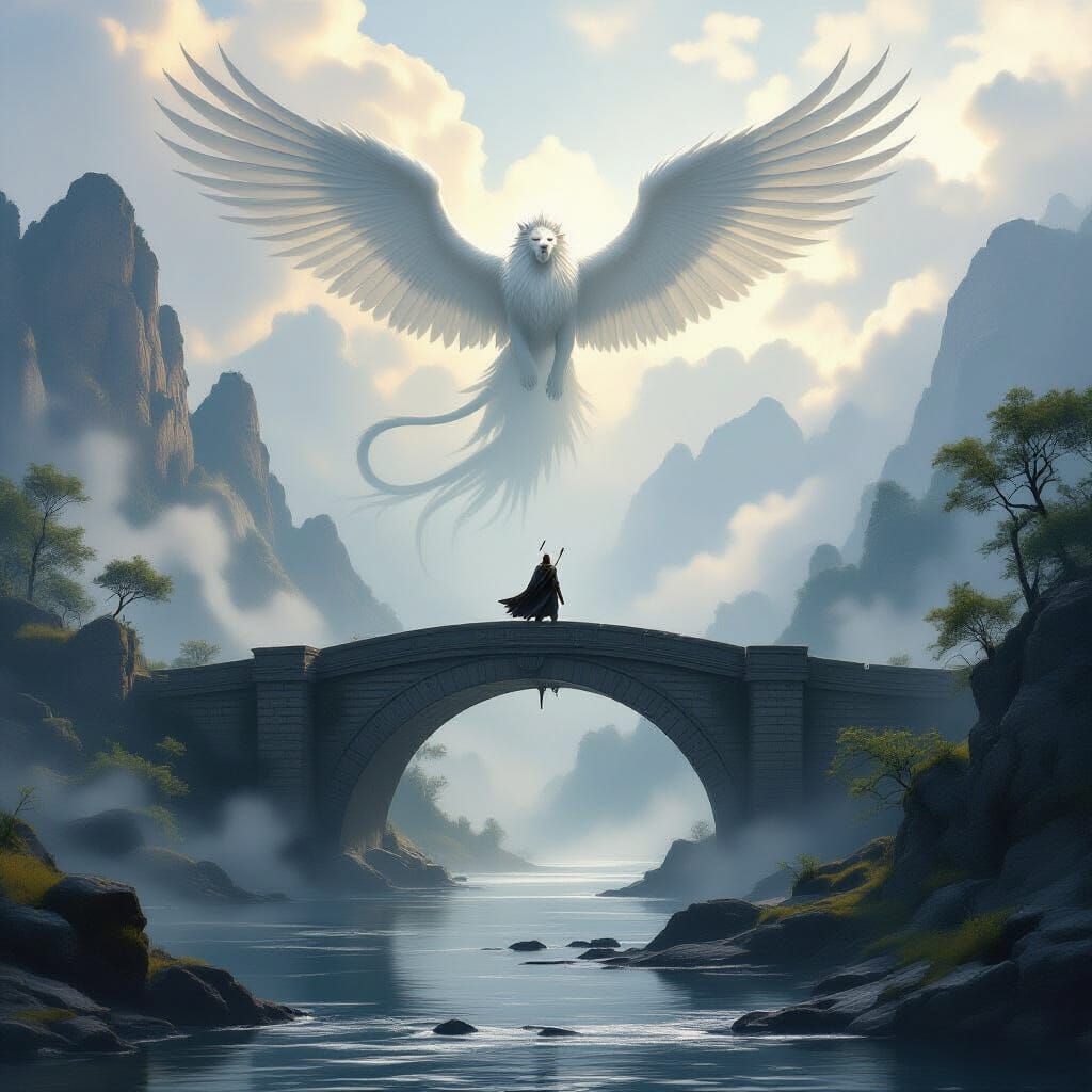 Knight and Winged Lion Spirit at Dawn