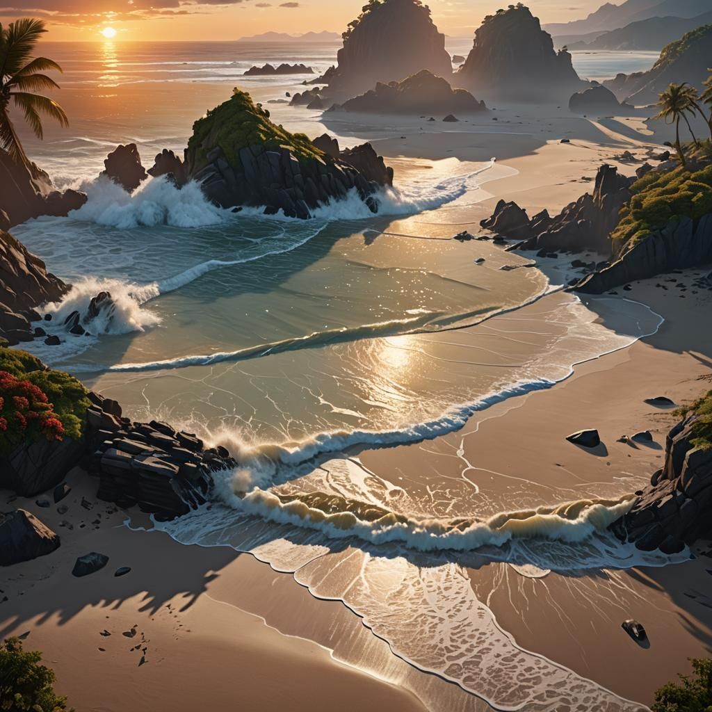 Beach Sunrise in Detailed Matte Painting Style