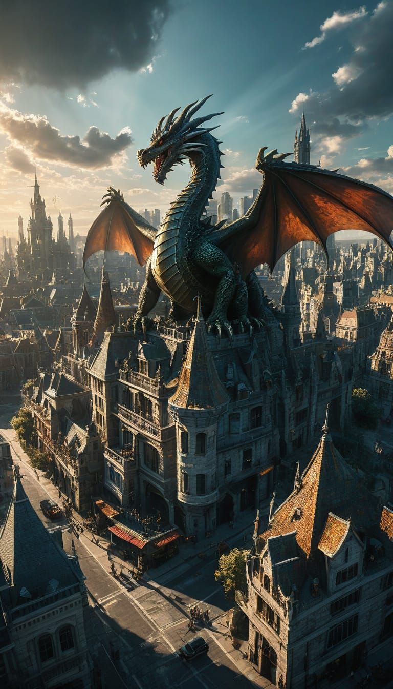 Ethereal Fantasy Metropolis with Majestic Dragon