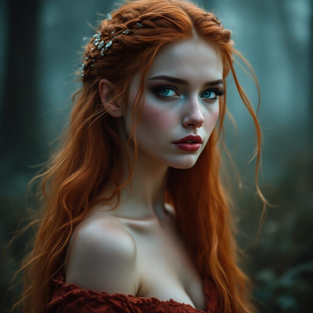 Ethereal Forest Goddess with Vibrant Red Hair