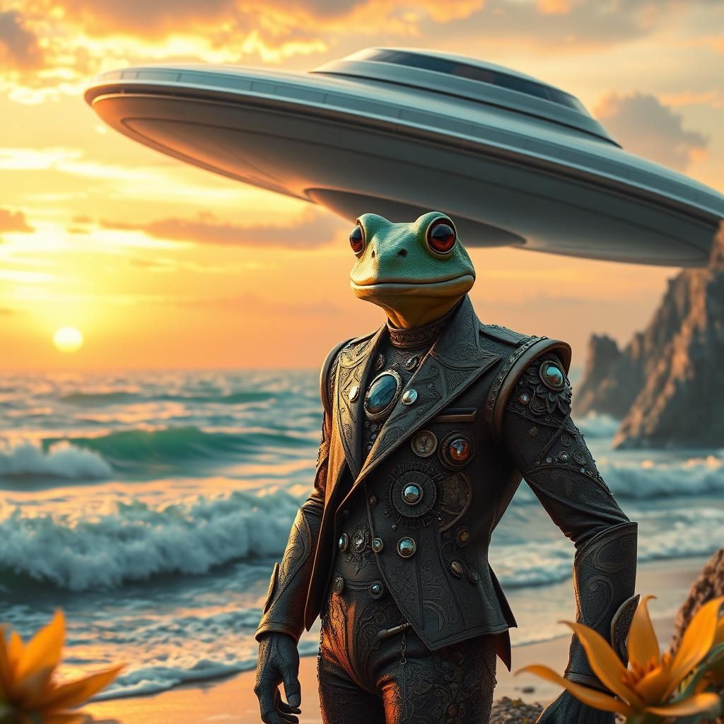 Alien Frog-Man by UFO on Mystical Seashore