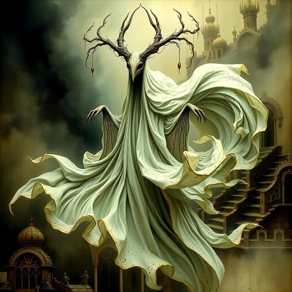 Ethereal Ghostly Form in Hieronymus Bosch Landscape