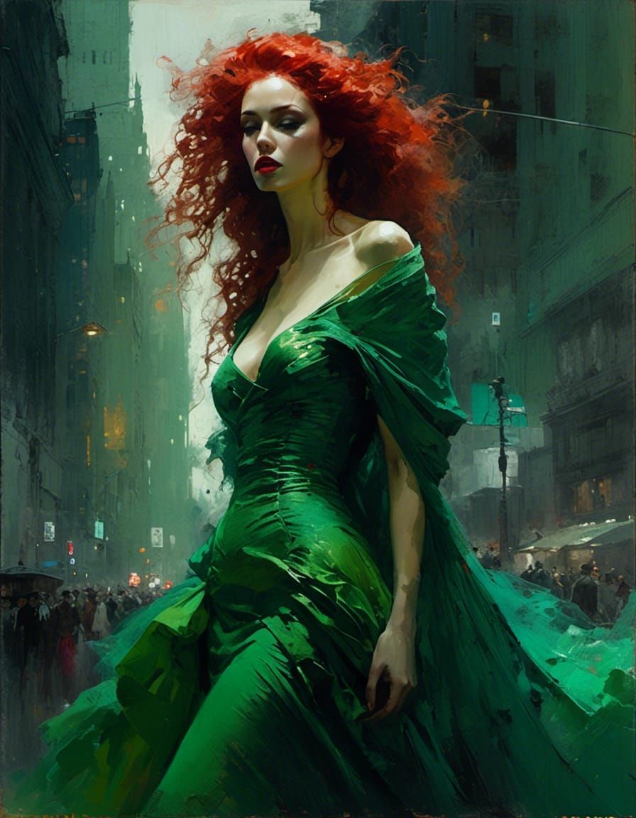 Futuristic Vampiress in Green Gown as Matte Painting
