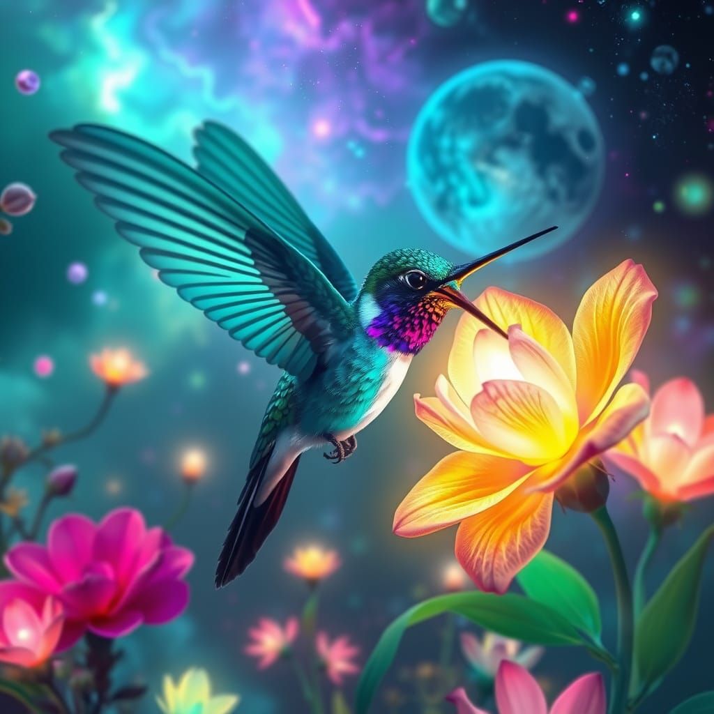 Bioluminescent Hummingbird in Zero-Gravity Garden