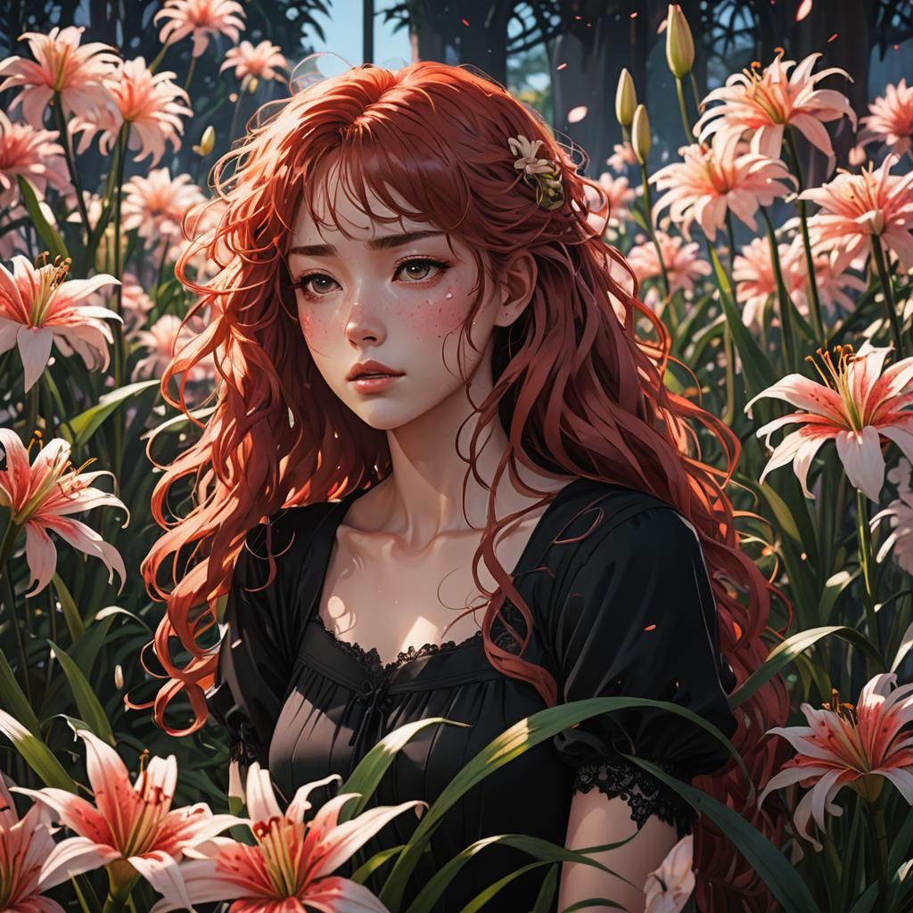 Crying Redhead in Anime Style with Spider Lilies
