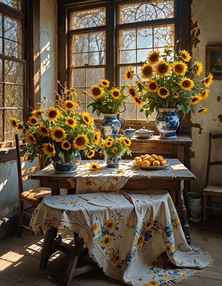 Spring Flowers and Sunflowers Still Life: Hyperrealist Paint...