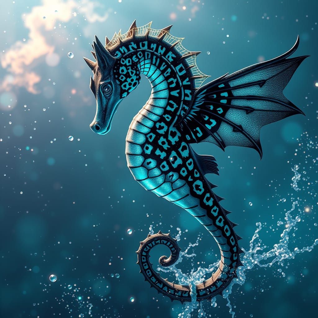 futuristic Seahorse, with black and turquoise leopard patter...