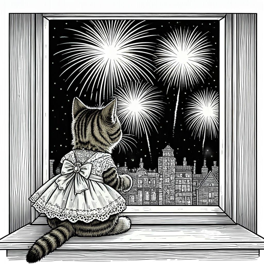 Style of Tenniel, a black and white drawing of a tabby kitten in a dress watching New Year fireworks