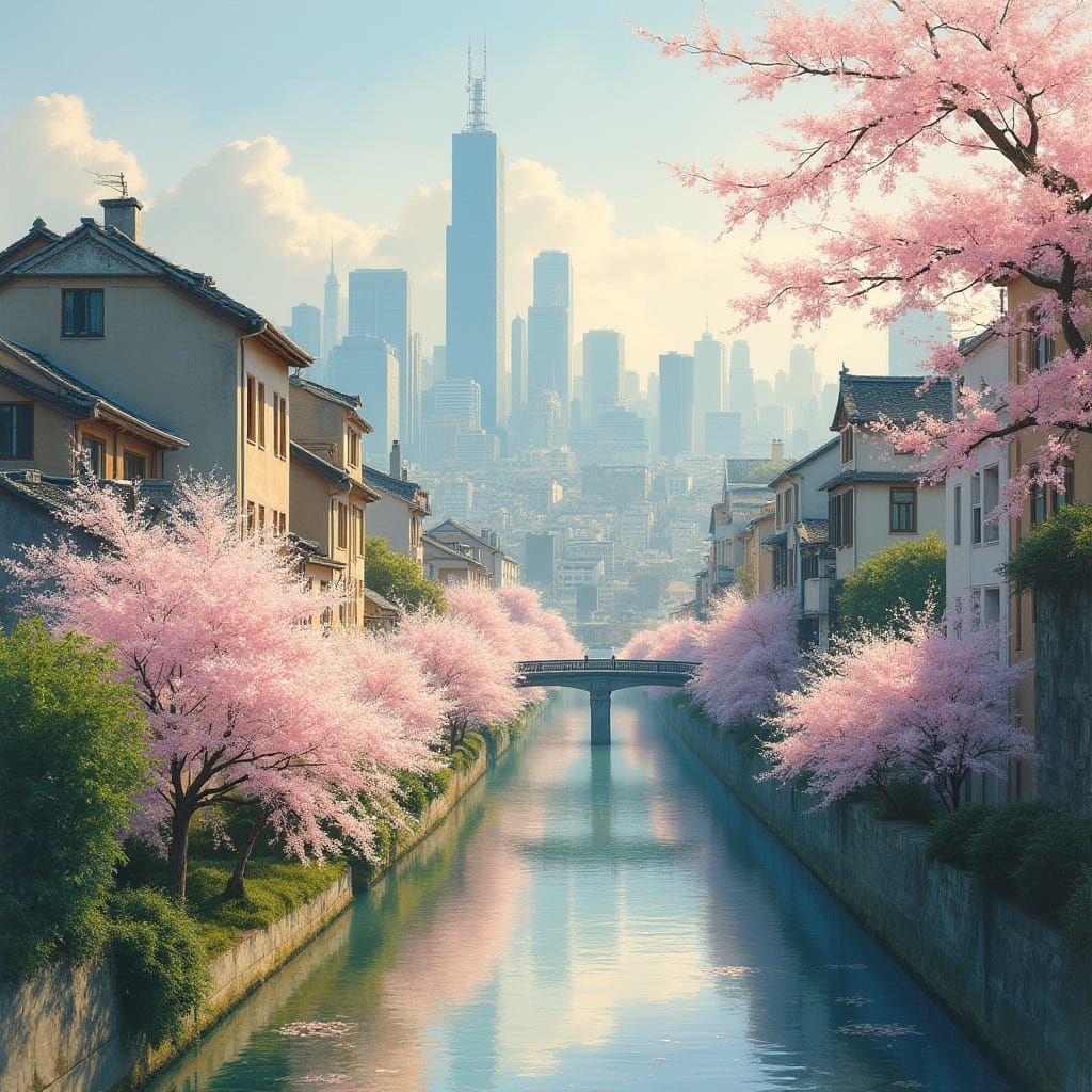 Vibrant Cityscape in Springtime Splendor