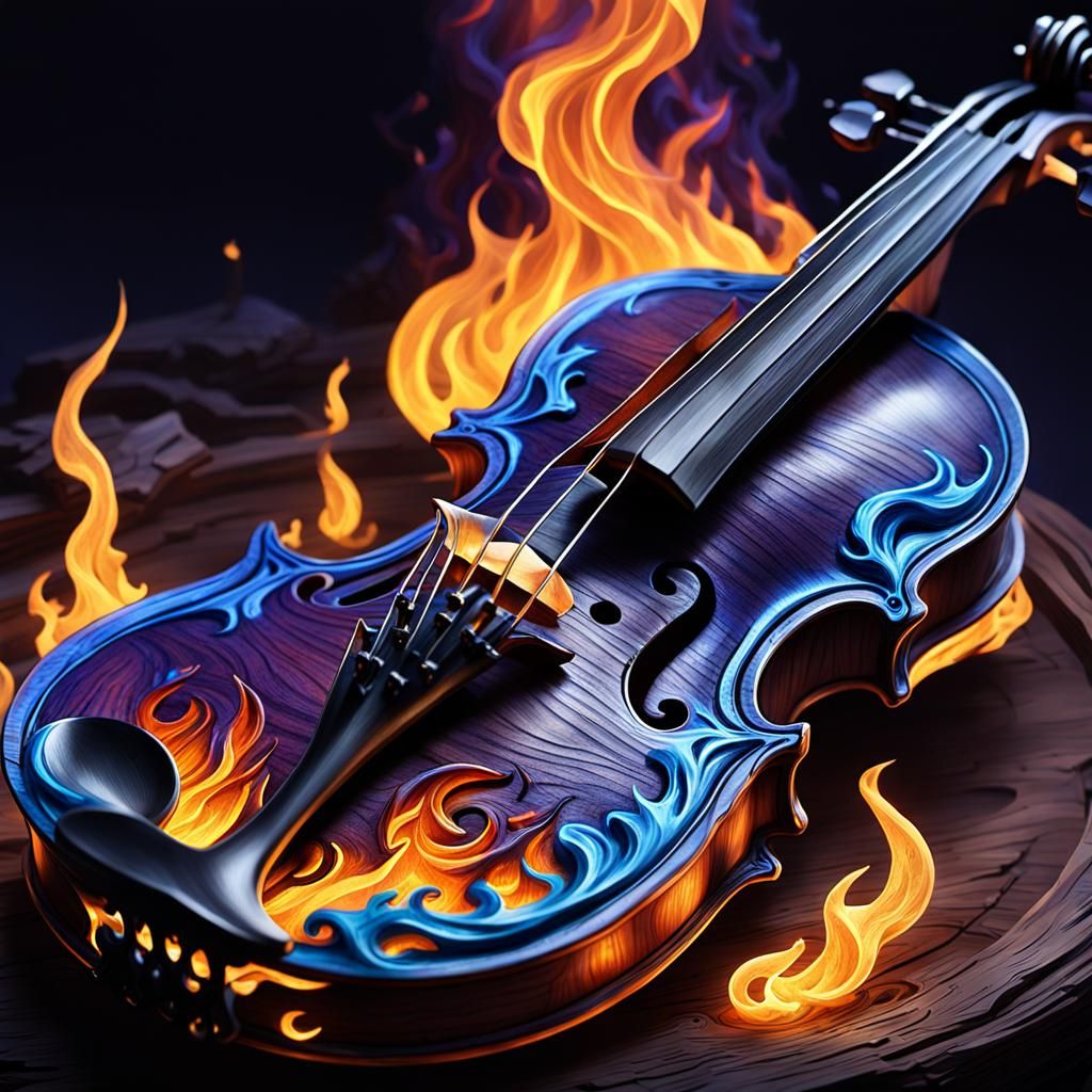 Demonic Violin with Blue Fire Bow in Dark Fantasy