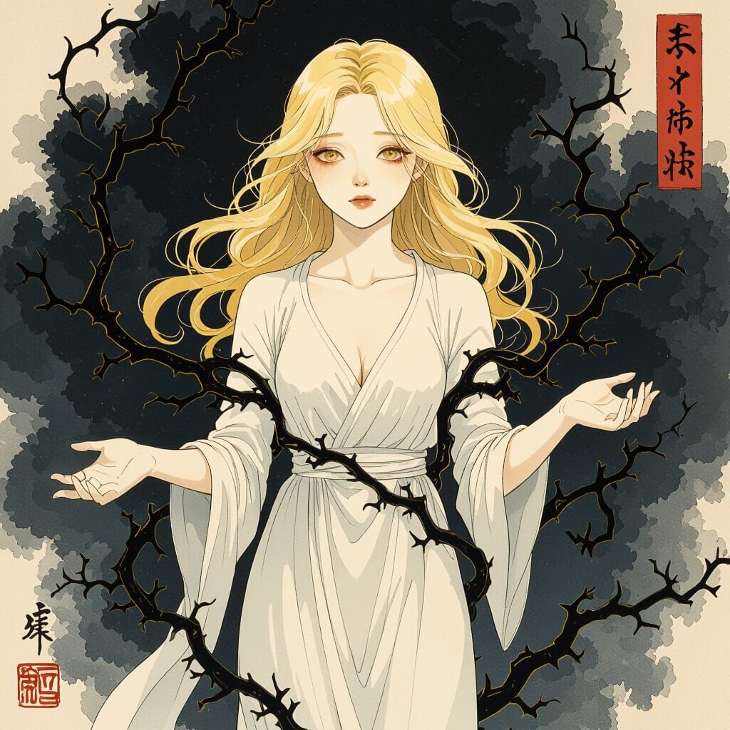 Ukiyo-e Ink Painting of Woman's Transformation