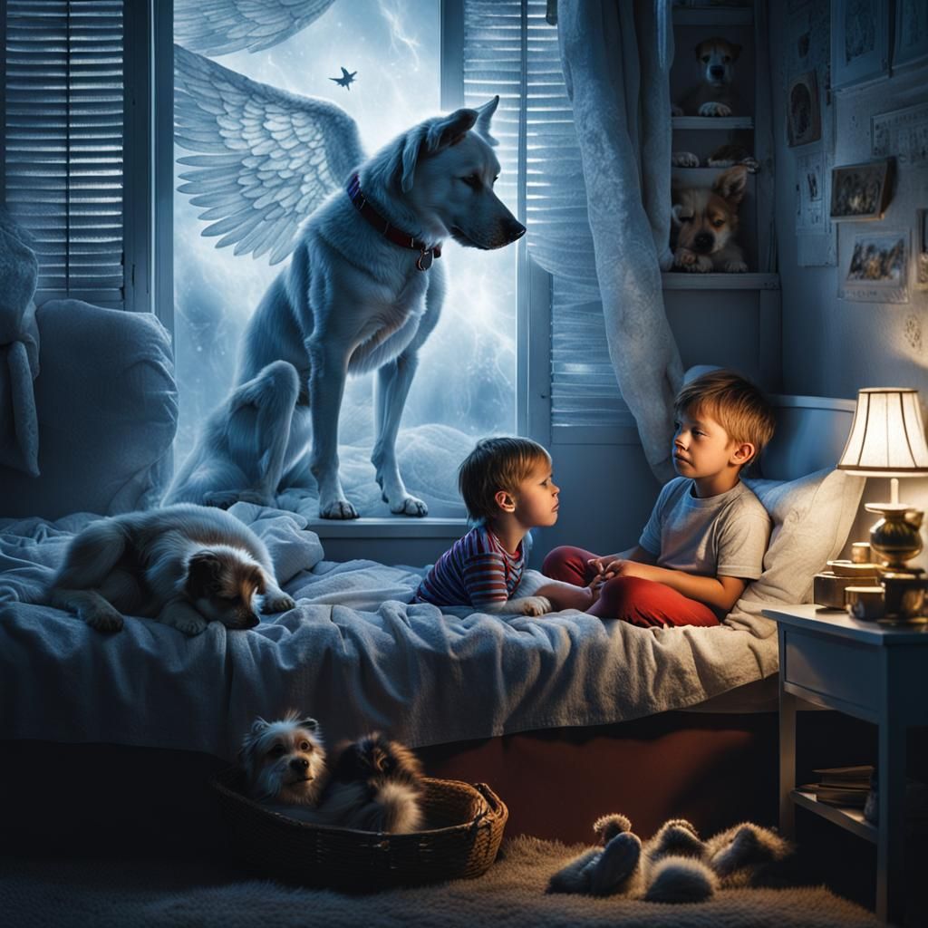 Un jeune enfant veillée par son chien maintenant translucide , décédé tel un ange gardien au regard attendrissant ...