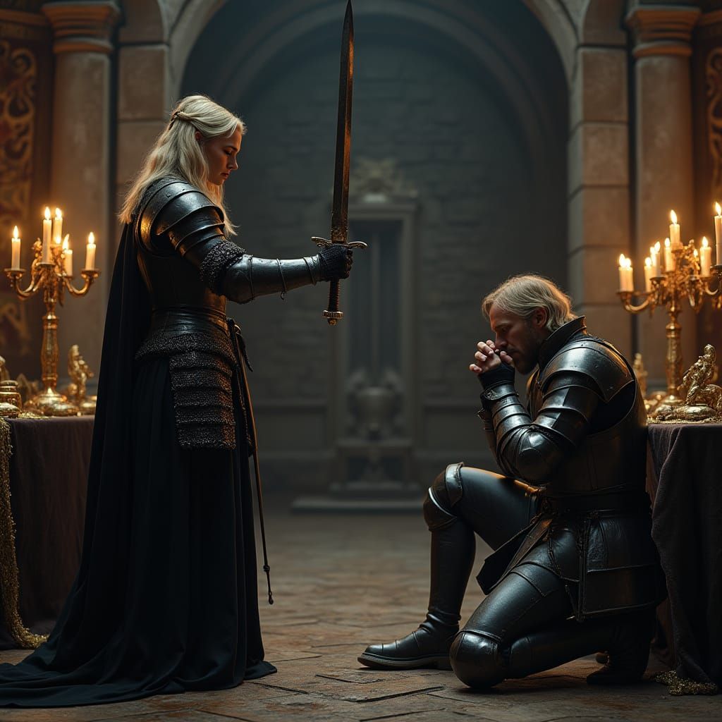 Female Knight Conquers Defeated Male Knight in Castle