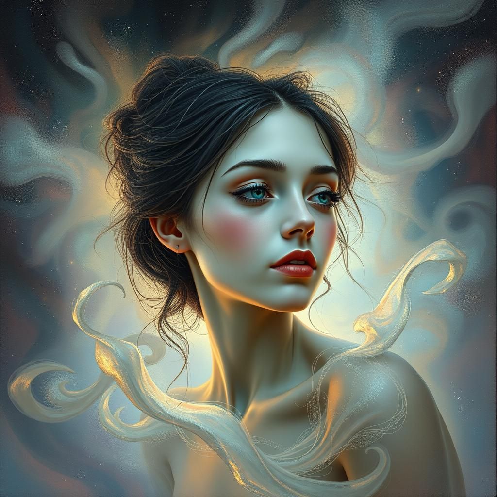 Ethereal Woman in Iridescent Mist: A Color Field Painting